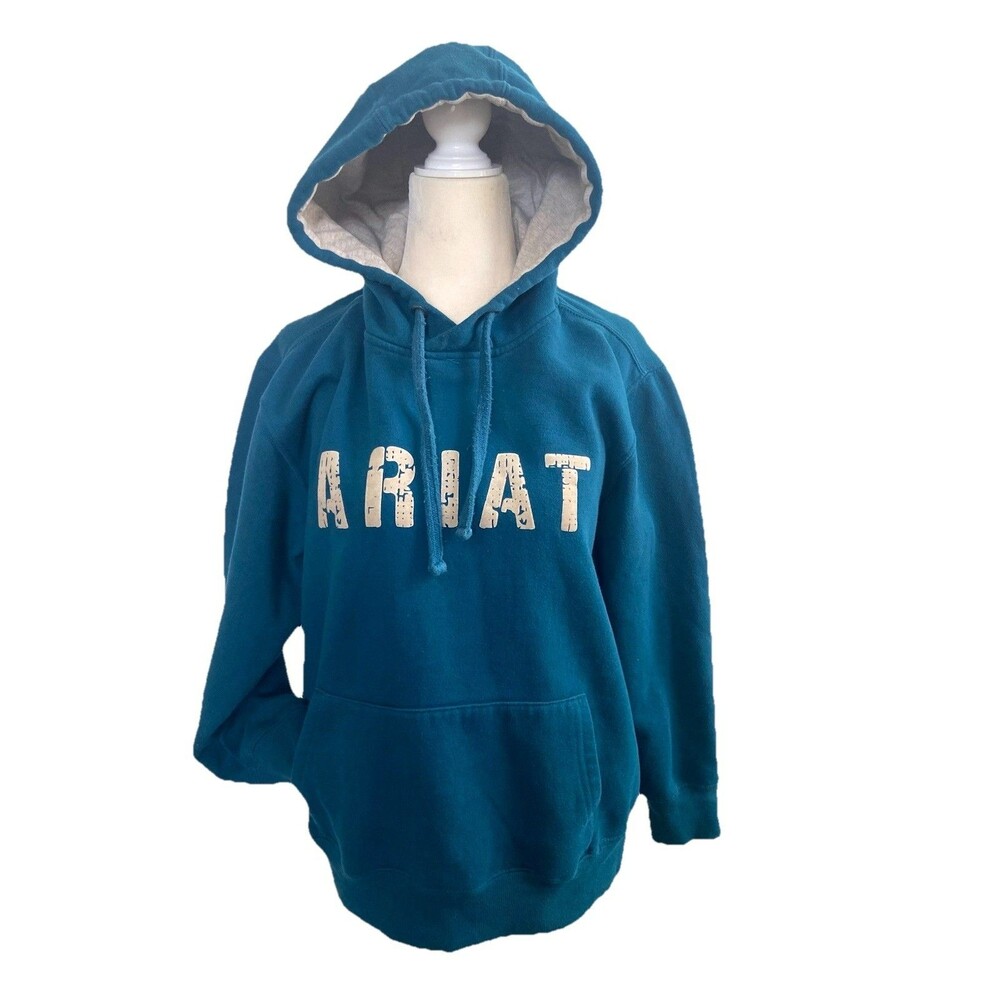 Ariat Logo Pullover Sweatshirt Hoodie Kangaroo Pocket Teal Size Medium